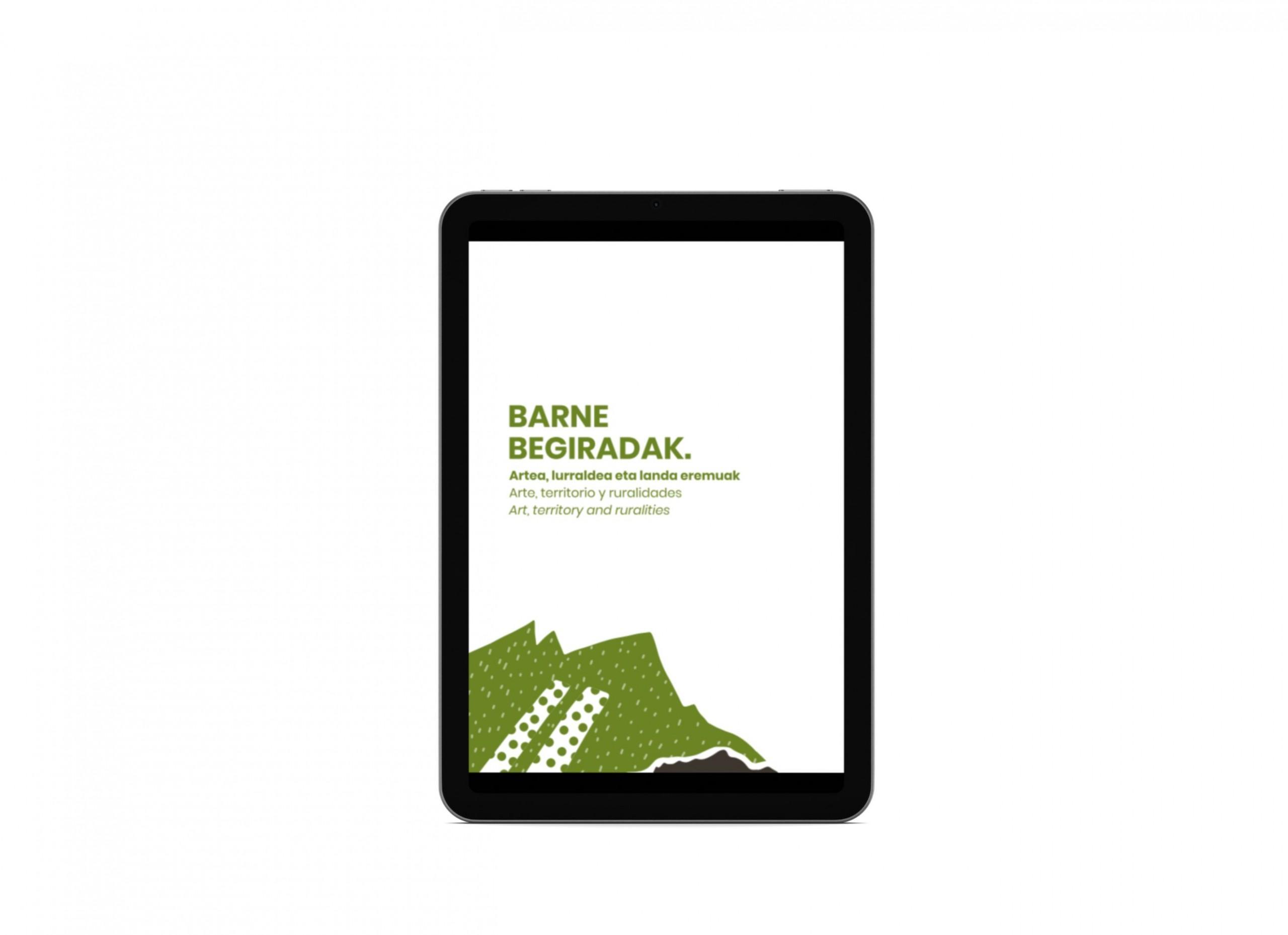 En la imagen se ve una tablet negra que contiene la portada de la publicación Barne Begiradak. Arte, territorio y ruralidades